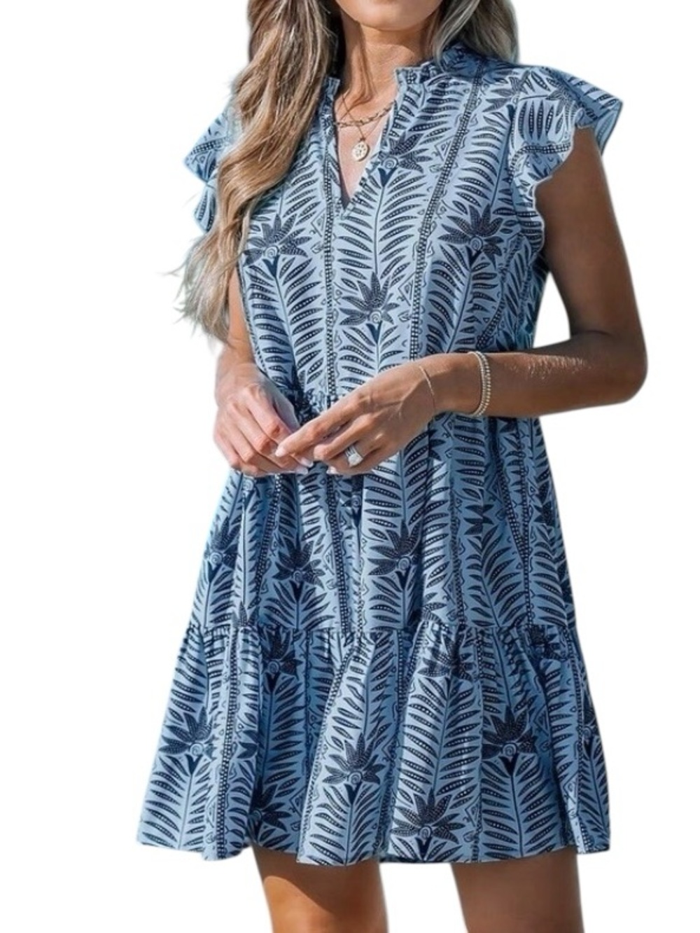 Cupshe Tropical Blue Ruffle Mini Dress Sz L NWT